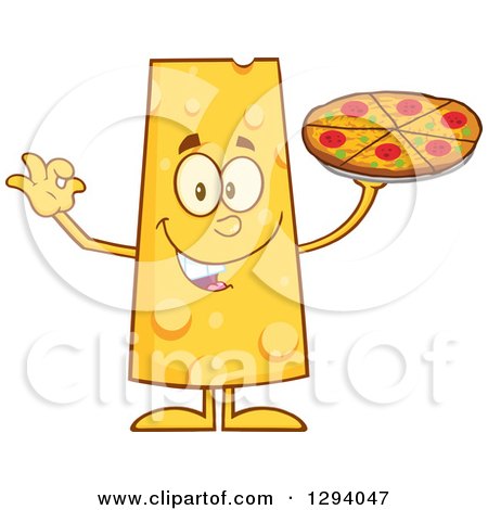 Clipart of a Cartoon Happy Cheese Character Holding Pizza and Gesturing Ok - Royalty Free Vector Illustration by Hit Toon