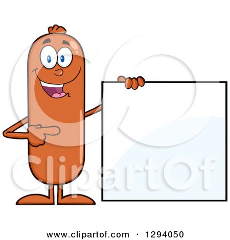 Clipart of a Cartoon Happy Sausage Character Standing by and Pointing to a Blank Sign - Royalty Free Vector Illustration by Hit Toon