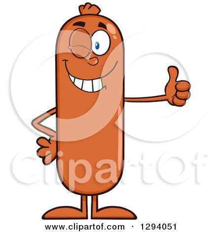 Clipart of a Cartoon Happy Sausage Character Giving a Thumb up and Winking - Royalty Free Vector Illustration by Hit Toon