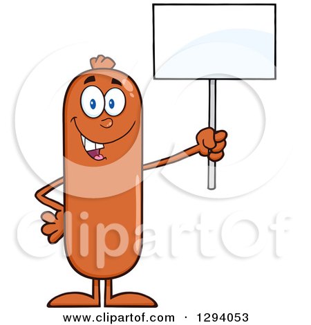 Clipart of a Cartoon Happy Sausage Character Holding up a Blank Sign - Royalty Free Vector Illustration by Hit Toon