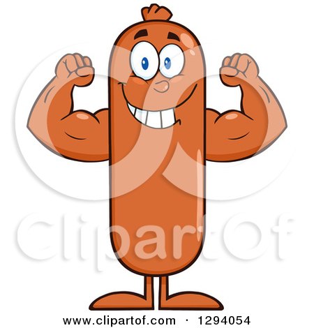 Clipart of a Cartoon Strong Sausage Character Flexing His Muscles - Royalty Free Vector Illustration by Hit Toon