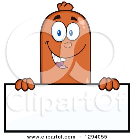 Clipart of a Cartoon Happy Sausage Character over a Blank Sign - Royalty Free Vector Illustration by Hit Toon