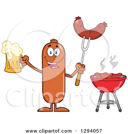 Clipart of a Cartoon Happy Sausage Character Holding a Beer and Meat on a Bbq Fork by a Grill - Royalty Free Vector Illustration by Hit Toon