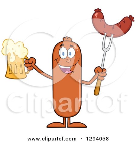 Clipart of a Cartoon Happy Sausage Character Holding a Beer and Meat on a Bbq Fork - Royalty Free Vector Illustration by Hit Toon