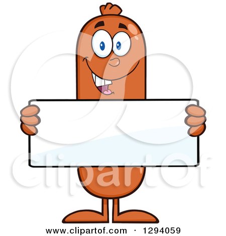 Clipart of a Cartoon Happy Sausage Character Holding a Blank Sign - Royalty Free Vector Illustration by Hit Toon