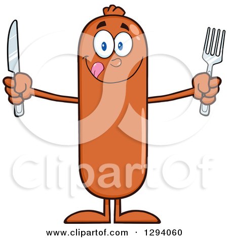 Clipart of a Cartoon Hungry Sausage Character Holding a Knife and Fork - Royalty Free Vector Illustration by Hit Toon