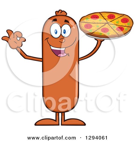 Clipart of a Cartoon Happy Sausage Character Holding up a Pizza - Royalty Free Vector Illustration by Hit Toon