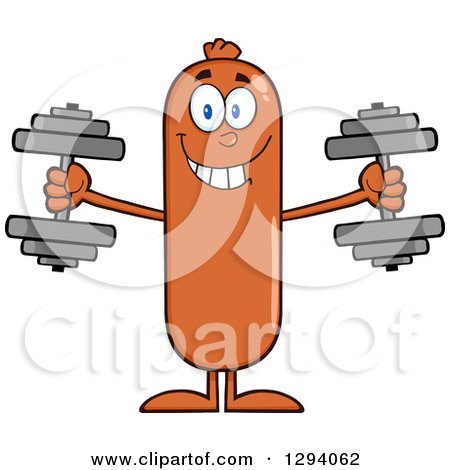 Clipart of a Cartoon Happy Sausage Character Working out with Dumbbells - Royalty Free Vector Illustration by Hit Toon