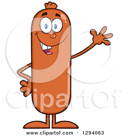 Clipart of a Cartoon Happy Sausage Character Waving - Royalty Free Vector Illustration by Hit Toon