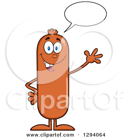 Clipart of a Cartoon Happy Sausage Character Talking and Waving - Royalty Free Vector Illustration by Hit Toon