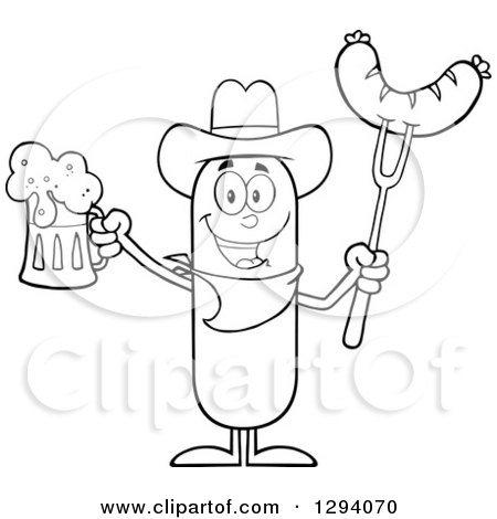 Clipart of a Cartoon Black and White Happy Sausage Cowboy Character Holding a Beer and Meat on a Bbq Fork - Royalty Free Vector Illustration by Hit Toon