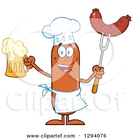 Clipart of a Cartoon Happy Sausage Chef Character Holding a Beer and Meat on a Bbq Fork - Royalty Free Vector Illustration by Hit Toon