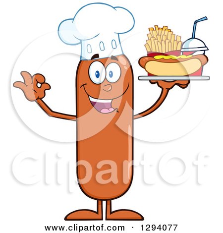 Clipart of a Cartoon Happy Sausage Chef Character Holding a Hot Dog, French Fries and Soda on a Tray - Royalty Free Vector Illustration by Hit Toon