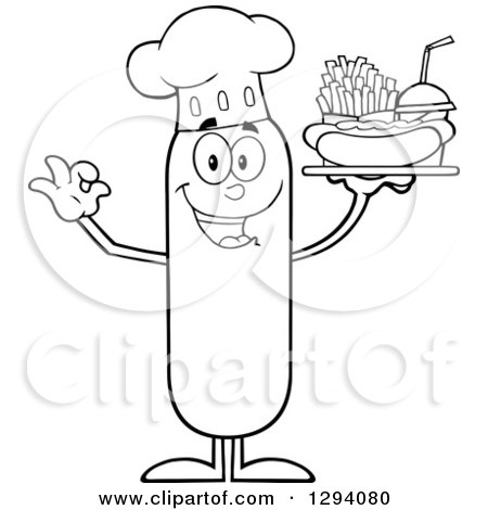 Clipart of a Cartoon Black and White Happy Sausage Chef Character Holding a Hot Dog, French Fries and Soda on a Tray - Royalty Free Vector Illustration by Hit Toon