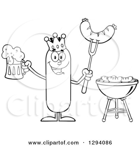 Clipart of a Cartoon Black and White Happy Sausage King Character Holding a Beer and Meat on a Bbq Fork by a Grill - Royalty Free Vector Illustration by Hit Toon