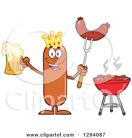 Clipart of a Cartoon Happy Sausage King Character Holding a Beer and Meat on a Bbq Fork by a Grill - Royalty Free Vector Illustration by Hit Toon