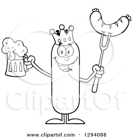 Clipart of a Cartoon Black and White Happy Sausage King Character Holding a Beer and Meat on a Bbq Fork - Royalty Free Vector Illustration by Hit Toon