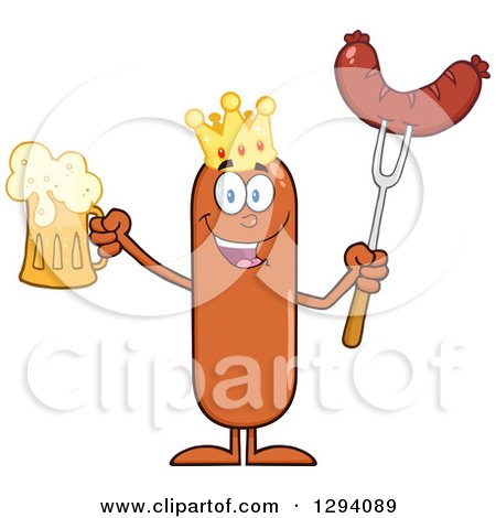 Clipart of a Cartoon Happy Sausage King Character Holding a Beer and Meat on a Bbq Fork - Royalty Free Vector Illustration by Hit Toon