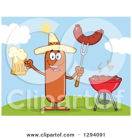 Clipart of a Cartoon Happy Mexican Sausage Character Holding a Beer and Meat on a Bbq Fork by a Grill on a Hill - Royalty Free Vector Illustration by Hit Toon