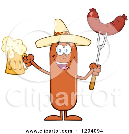 Clipart of a Cartoon Happy Mexican Sausage Character Holding a Beer and Meat on a Bbq Fork - Royalty Free Vector Illustration by Hit Toon
