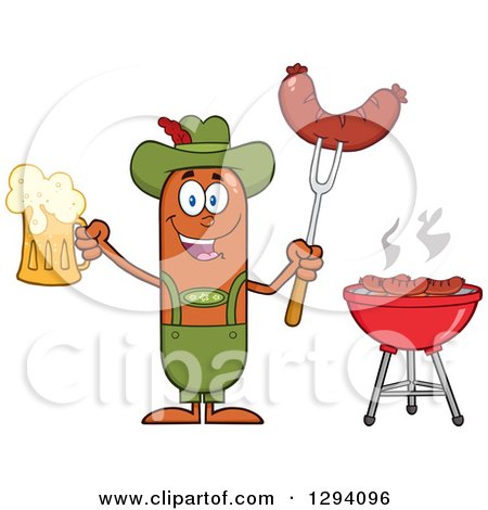 Clipart of a Cartoon Happy Sausage German Oktoberfest Character Holding a Beer and Meat on a Bbq Fork by a Grill - Royalty Free Vector Illustration by Hit Toon