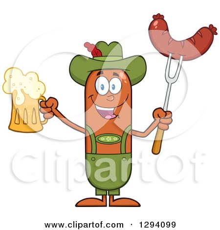 Clipart of a Cartoon Happy Sausage German Oktoberfest Character Holding a Beer and Meat on a Bbq Fork - Royalty Free Vector Illustration by Hit Toon