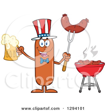 Clipart of a Cartoon Happy American Sausage Character Holding a Beer and Meat on a Bbq Fork by a Grill - Royalty Free Vector Illustration by Hit Toon