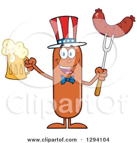 Clipart of a Cartoon Happy American Sausage Character Holding a Beer and Meat on a Bbq Fork - Royalty Free Vector Illustration by Hit Toon
