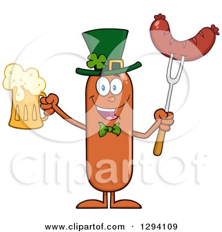 Clipart of a Cartoon St Patricks Day Leprechaun Sausage Character Holding a Beer and Meat on a Bbq Fork - Royalty Free Vector Illustration by Hit Toon