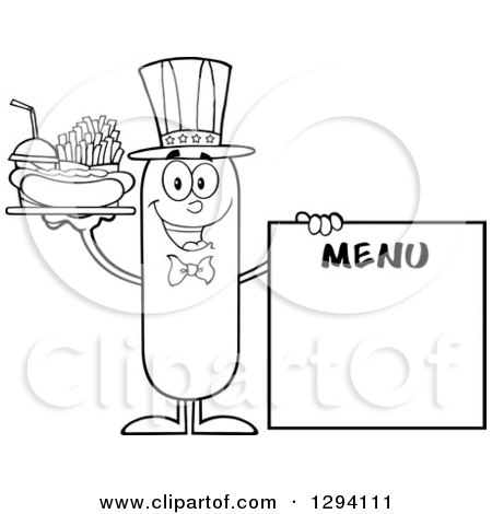 Clipart of a Cartoon Black and White Happy American Sausage Character with a Hot Dog, Fries and Soda by a Menu Board - Royalty Free Vector Illustration by Hit Toon
