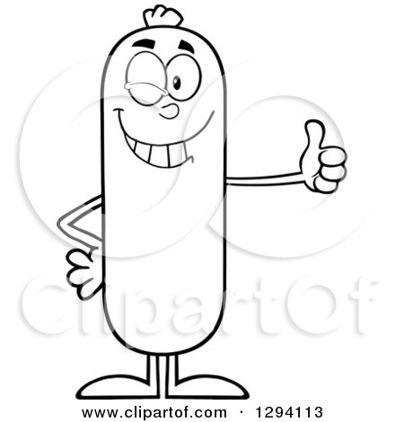 Clipart of a Cartoon Black and White Happy Sausage Character Giving a Thumb up and Winking - Royalty Free Vector Illustration by Hit Toon