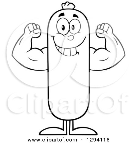 Clipart of a Cartoon Black and White Strong Sausage Character Flexing His Muscles - Royalty Free Vector Illustration by Hit Toon