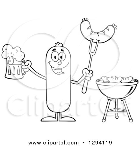 Clipart of a Cartoon Black and White Happy Sausage Character Holding a Beer and Meat on a Bbq Fork by a Grill - Royalty Free Vector Illustration by Hit Toon