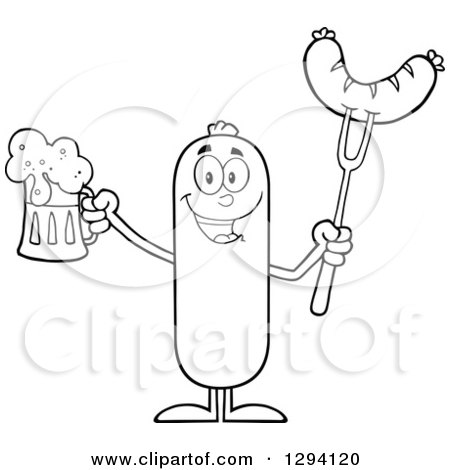 Clipart of a Cartoon Black and White Happy Sausage Character Holding a Beer and Meat on a Bbq Fork - Royalty Free Vector Illustration by Hit Toon