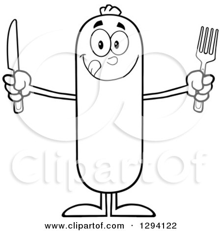 Clipart of a Cartoon Black and White Hungry Sausage Character Holding a Knife and Fork - Royalty Free Vector Illustration by Hit Toon