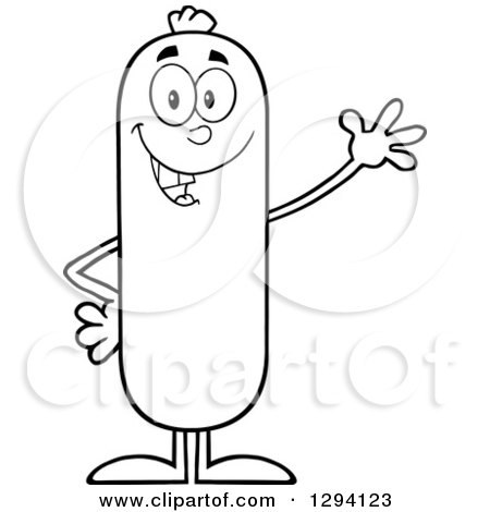 Clipart of a Cartoon Black and White Happy Sausage Character Waving - Royalty Free Vector Illustration by Hit Toon