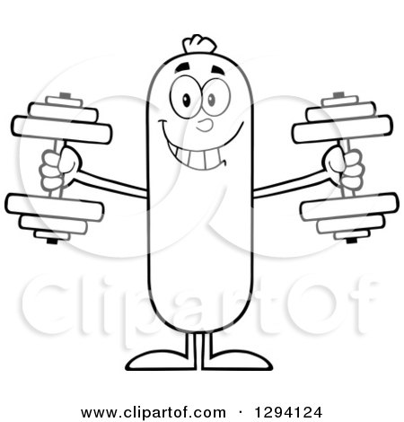 Clipart of a Cartoon Black and White Happy Sausage Character Working out with Dumbbells - Royalty Free Vector Illustration by Hit Toon