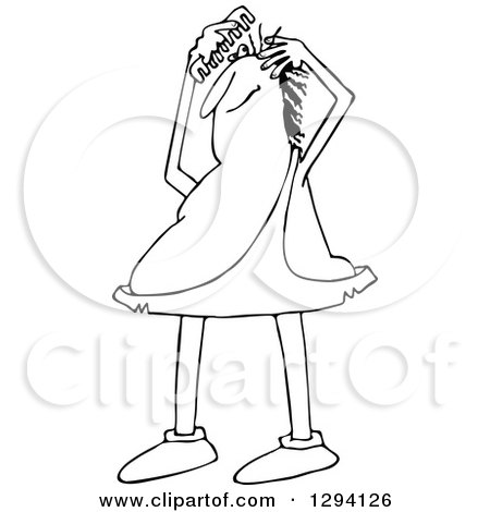 Lineart Clipart of a Black and White Chubby Caveman Combing His Hair - Royalty Free Outline Vector Illustration by djart