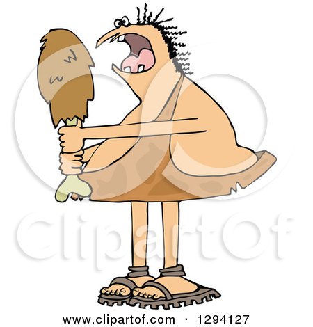 Clipart of a Hungry Chubby Caveman Eating a Giant Drumstick - Royalty Free Vector Illustration by djart