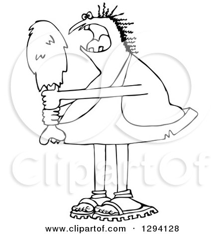 Lineart Clipart of a Black and White Hungry Chubby Caveman Eating a Giant Drumstick - Royalty Free Outline Vector Illustration by djart