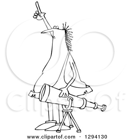 Lineart Clipart of a Black and White Chubby Caveman Pointing at the Sky and Standing by a Telescope - Royalty Free Outline Vector Illustration by djart