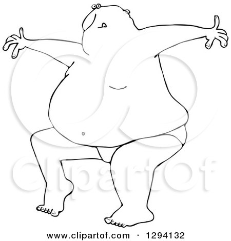 Lineart Clipart of a Black and White Bald Fat Man Dancing in His Underwear - Royalty Free Outline Vector Illustration by djart