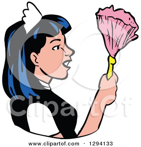 Clipart of a Cartoon Maid in Profile, Holding a Feather Duster - Royalty Free Vector Illustration by LaffToon