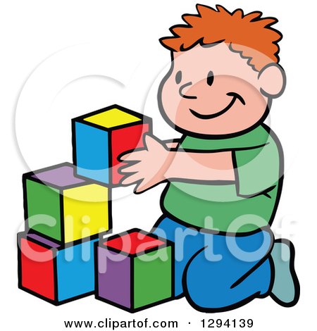 Clipart of a Cartoon Happy Red Haired White Boy Playing with Building Block Toys - Royalty Free Vector Illustration by LaffToon