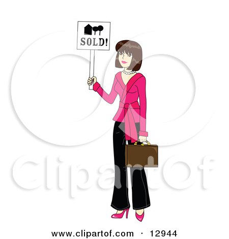 Clipart Graphic Illustration of a Young Beautiful Female Real Estate Agent Realtor Holding a Sold Sign and a Briefcase by Rosie Piter