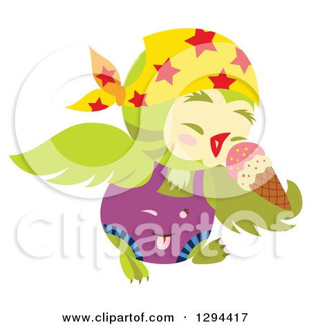 Clipart of a Green Owl Eating a Waffle Ice Cream Cone - Royalty Free Vector Illustration by Cherie Reve