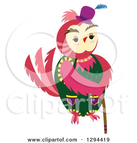 Clipart of a Pink Owl with a Hat and Cane - Royalty Free Vector Illustration by Cherie Reve