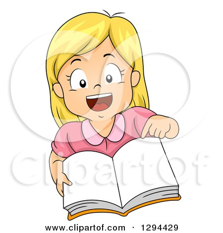 Clipart of an Excited Blond White School Girl Pointing and Holding up an Open Book - Royalty Free Vector Illustration by BNP Design Studio