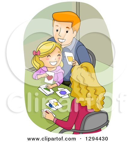 Clipart of a Happy Red Haired Father and Blond Mother Teaching Thier Daughter How to Identify Shapes with Cards - Royalty Free Vector Illustration by BNP Design Studio