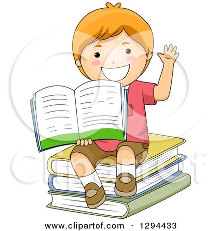 Clipart of a Happy Strawberry Blond White School Boy Sitting on a Stack, Raising a Hand and Holding an Open Book - Royalty Free Vector Illustration by BNP Design Studio
